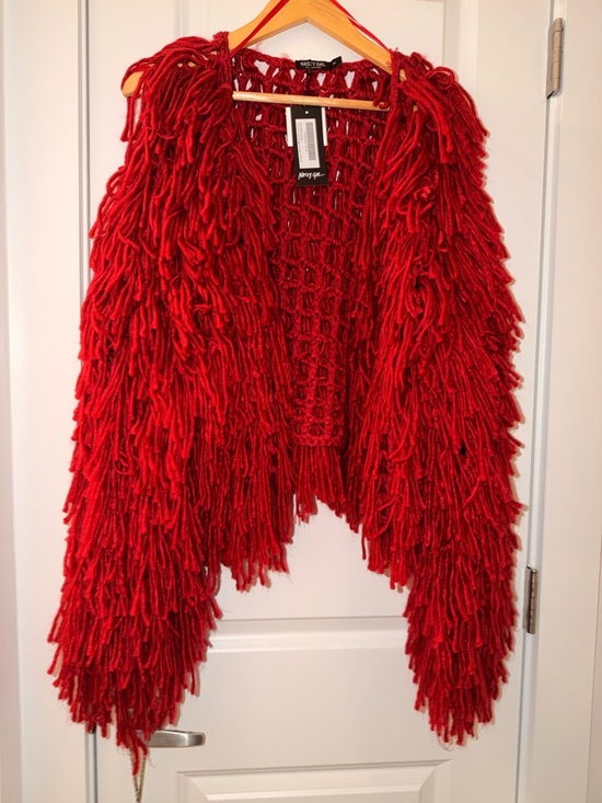 Nasty Gal Red Shaggy Open Knit Fringe Jacket - Picture 4 of 6
